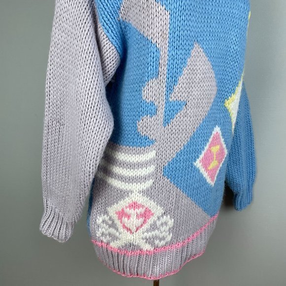 Vintage 90s Exclusive Imports Pastel Blue Gray Pink Abstract Sweater Medium - Picture 5 of 7